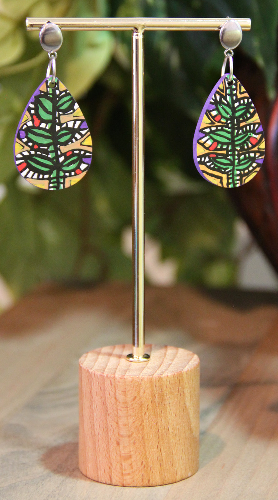 Green and Beige Botanical Small Teardrop Earrings