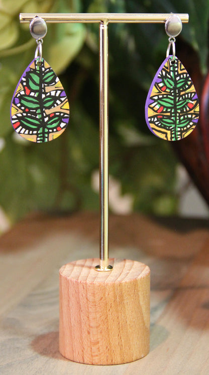 Green and Beige Botanical Small Teardrop Earrings