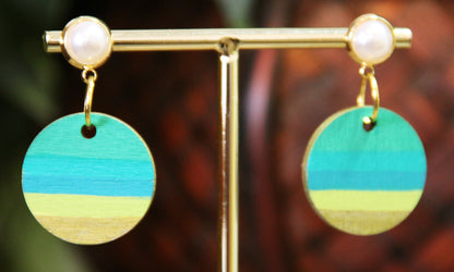 Green, Teal and Gold Linear Circular Earrings