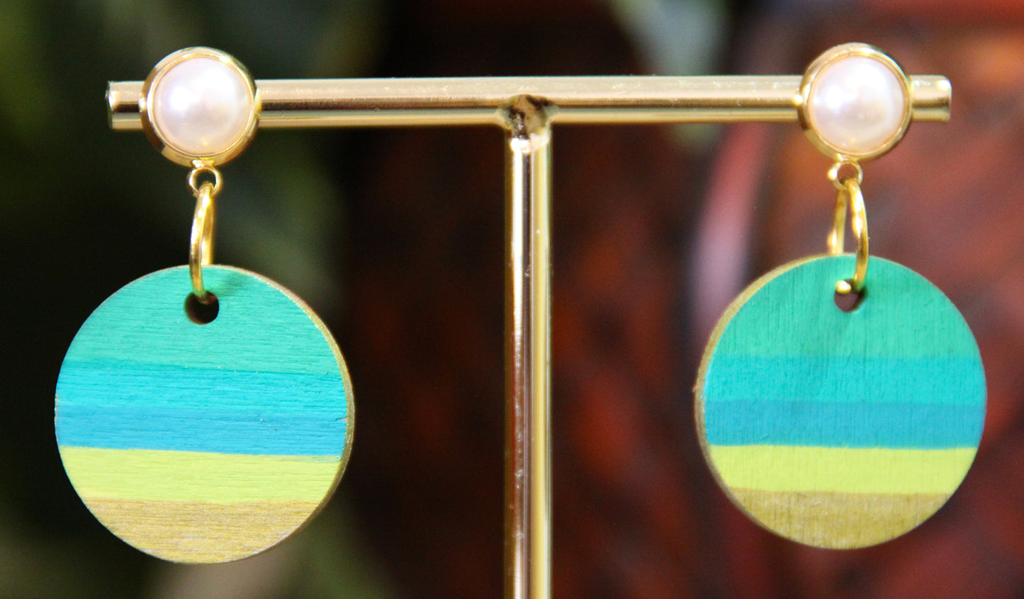 Green, Teal and Gold Linear Circular Earrings