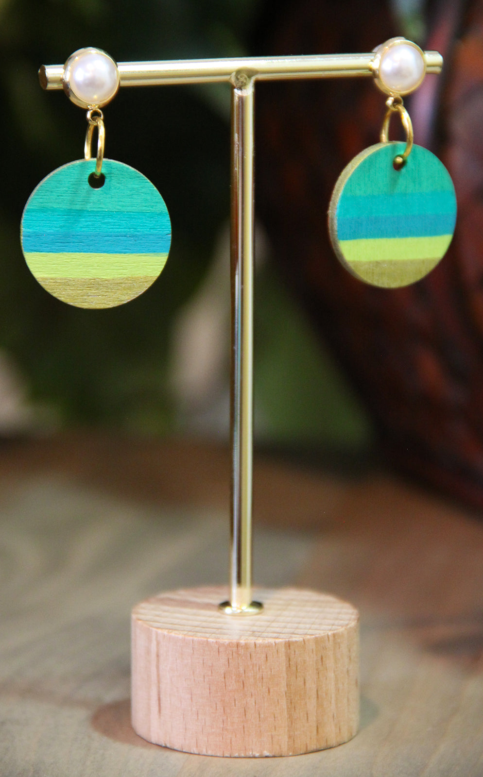 Green, Teal and Gold Linear Circular Earrings
