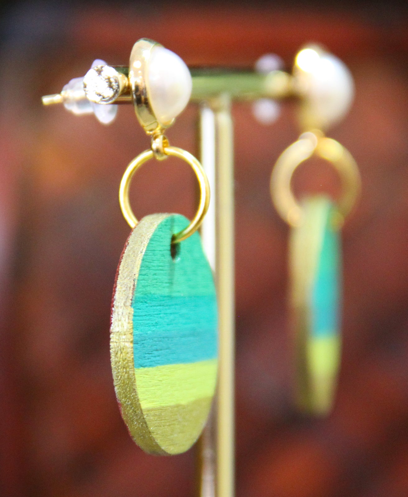 Green, Teal and Gold Linear Circular Earrings