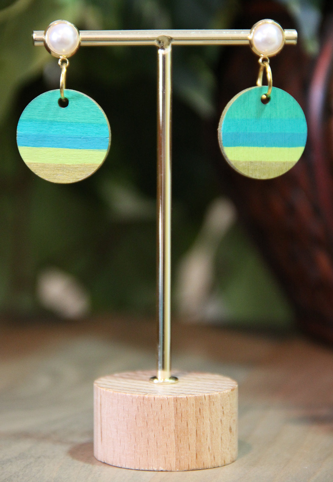 Green, Teal and Gold Linear Circular Earrings
