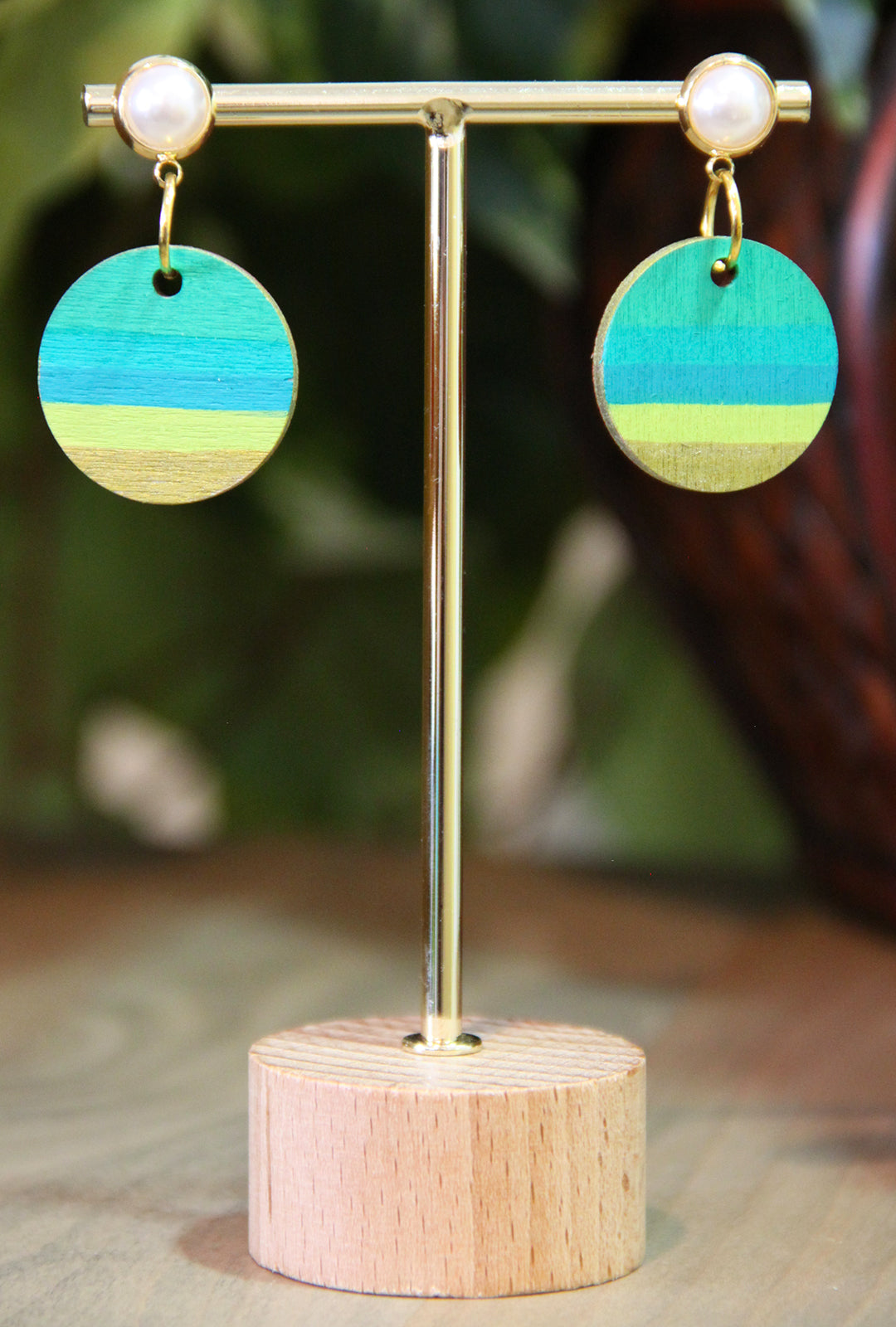 Green, Teal and Gold Linear Circular Earrings