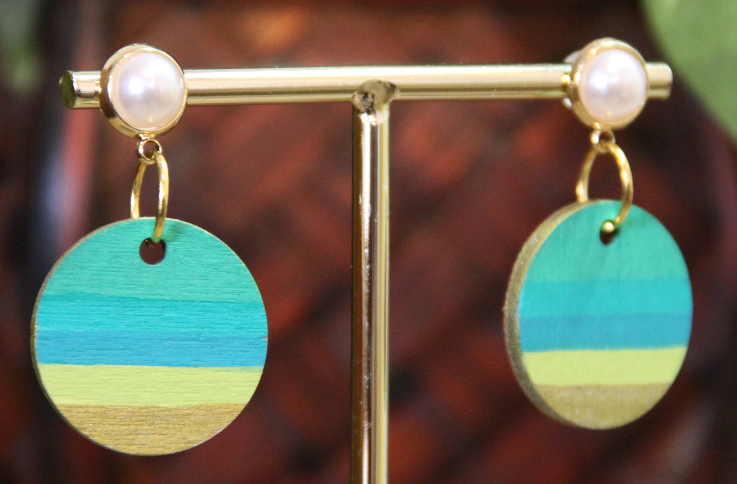 Green, Teal and Gold Linear Circular Earrings