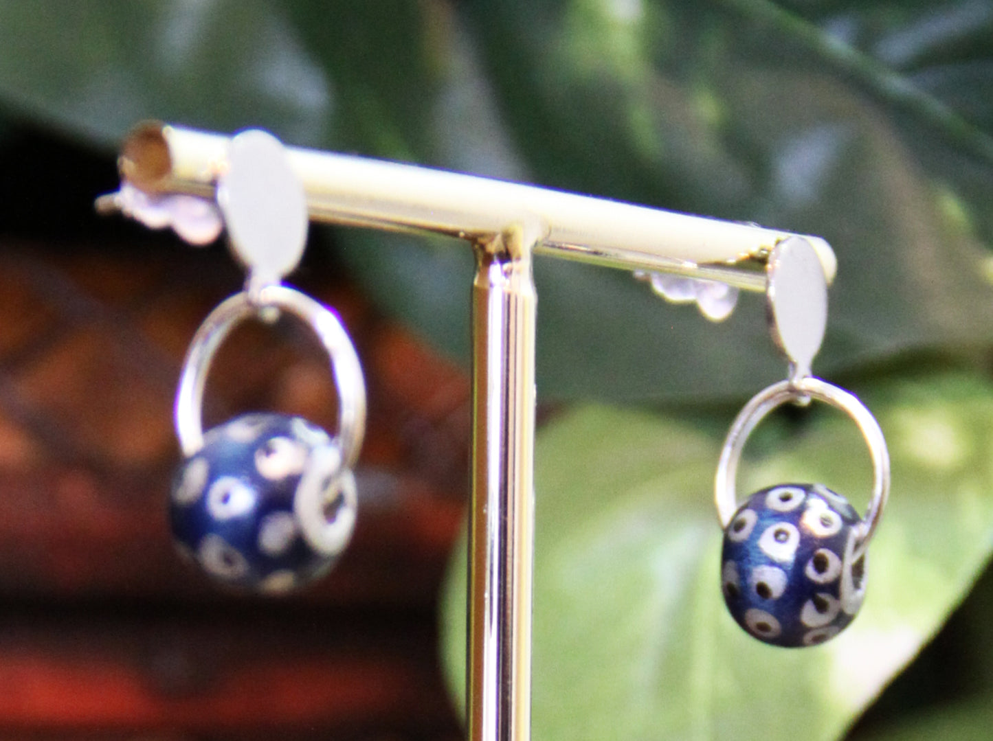 Blue and Silver Wood Bead Earrings