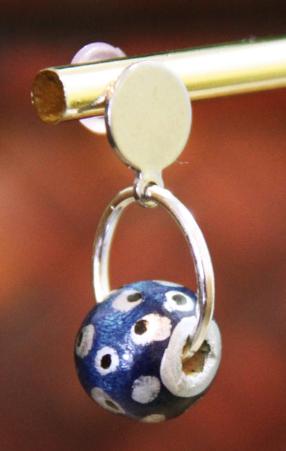 Blue and Silver Wood Bead Earrings
