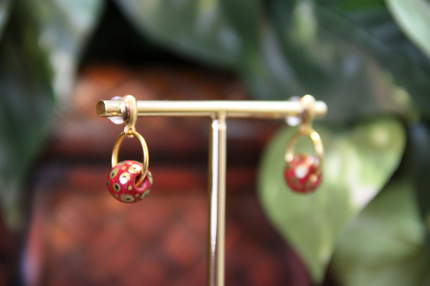 Red and Gold Wood Bead Earrings
