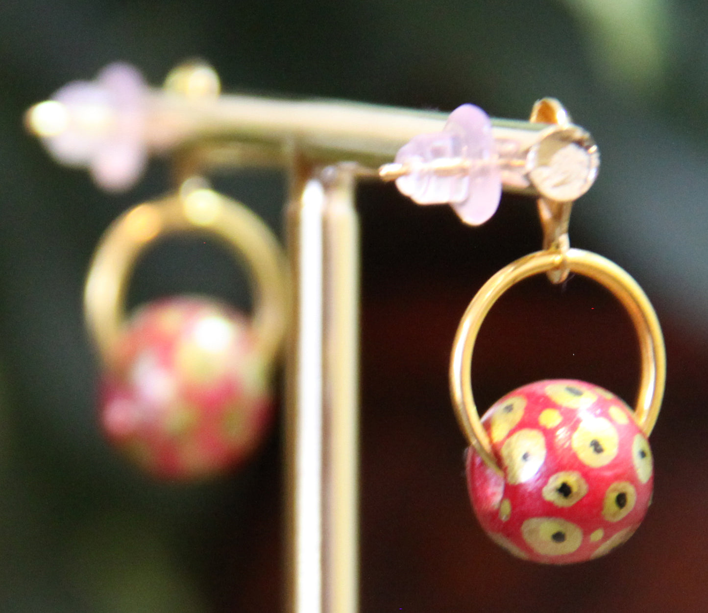 Red and Gold Wood Bead Earrings