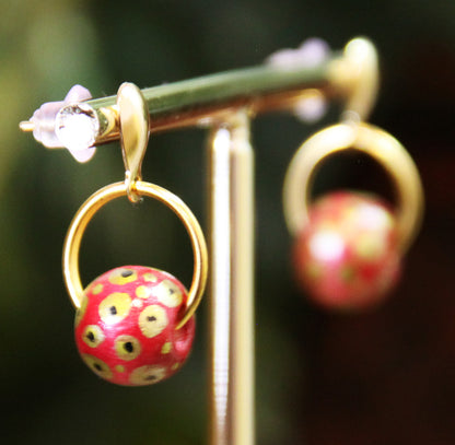 Red and Gold Wood Bead Earrings