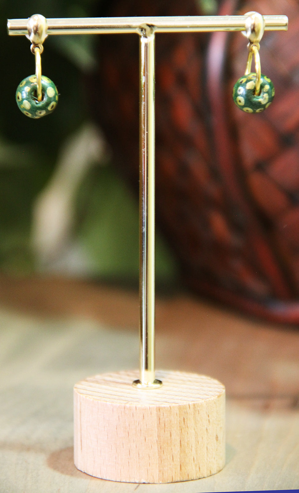 Small Green Wood Bead Earrings