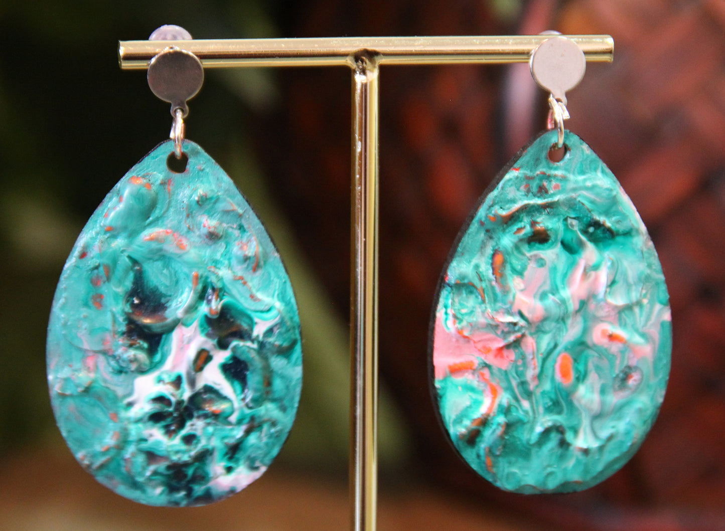 Blue, Pink and White Marbled Textured Teardrop Earrings