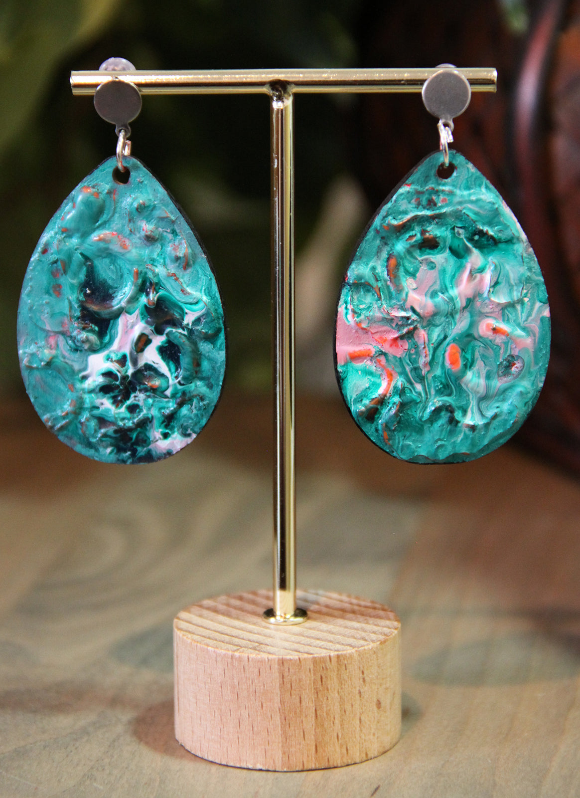 Blue, Pink and White Marbled Textured Teardrop Earrings