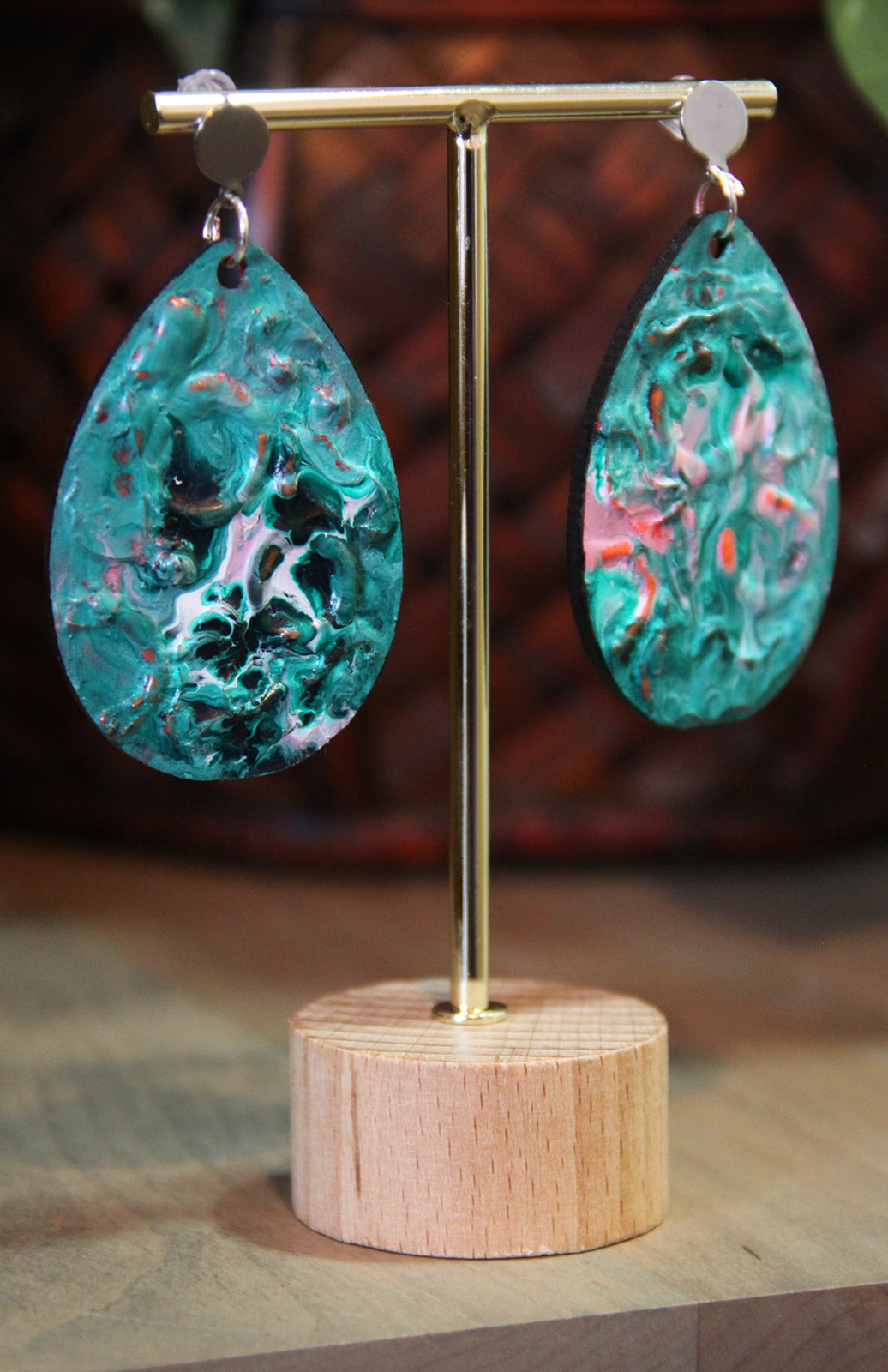 Blue, Pink and White Marbled Textured Teardrop Earrings