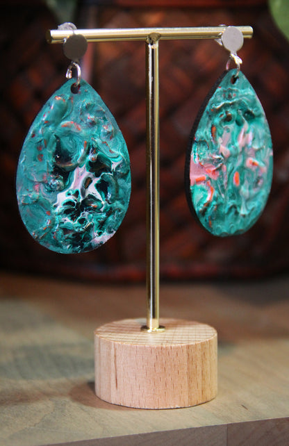 Blue, Pink and White Marbled Textured Teardrop Earrings