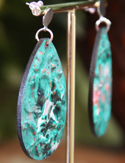 Blue, Pink and White Marbled Textured Teardrop Earrings
