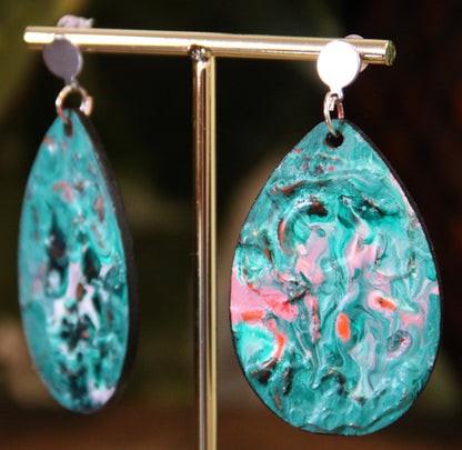 Blue, Pink and White Marbled Textured Teardrop Earrings