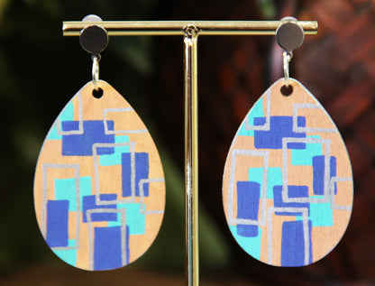 Geometric Blue and Silver Wood Teardrop Earrings
