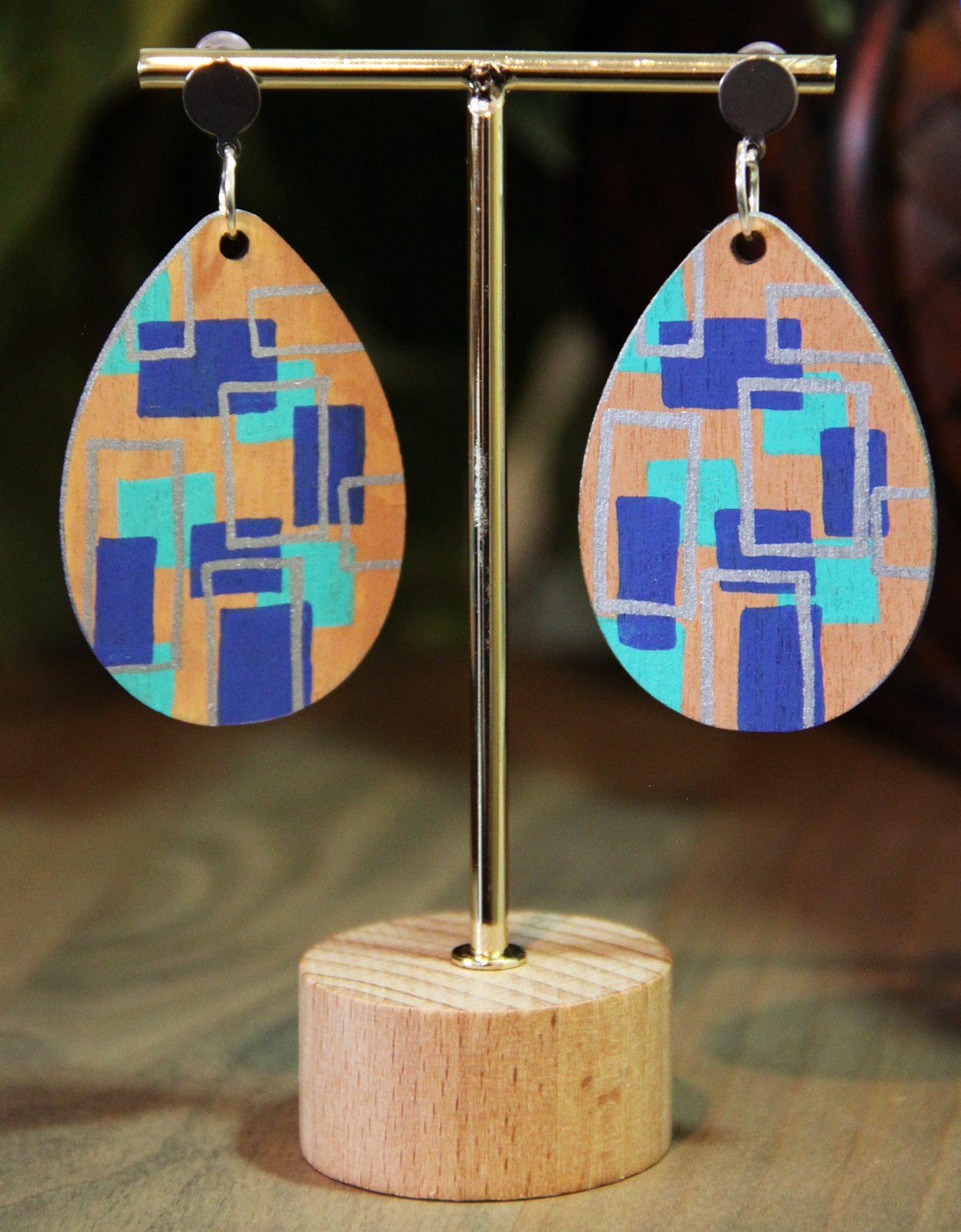 Geometric Blue and Silver Wood Teardrop Earrings