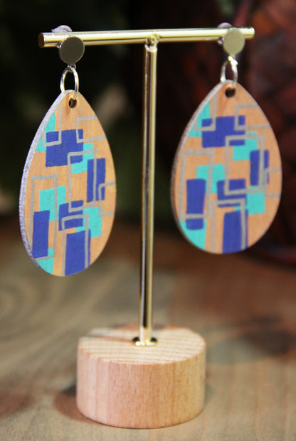 Geometric Blue and Silver Wood Teardrop Earrings