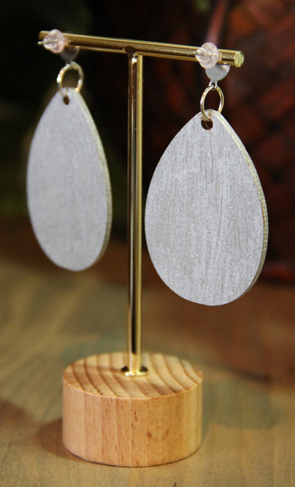 Geometric Blue and Silver Wood Teardrop Earrings