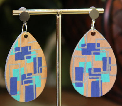 Geometric Blue and Silver Wood Teardrop Earrings