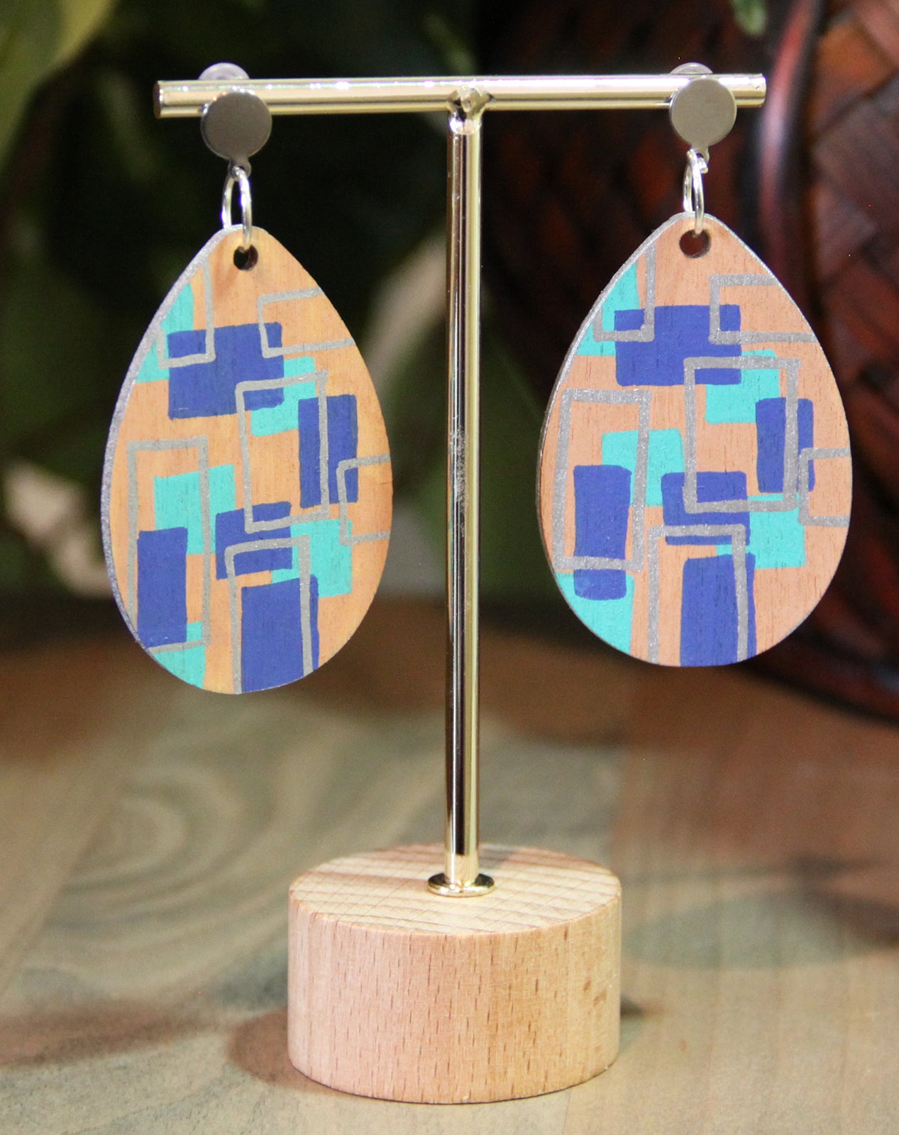 Geometric Blue and Silver Wood Teardrop Earrings