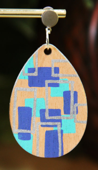 Geometric Blue and Silver Wood Teardrop Earrings