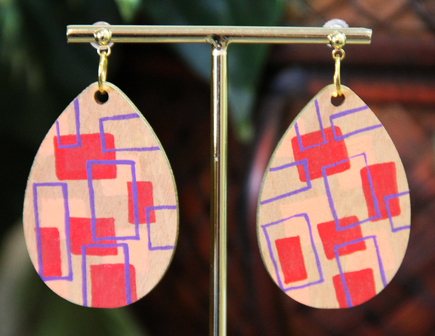 Red, Peach and Purple Wood Teardrop Earrings