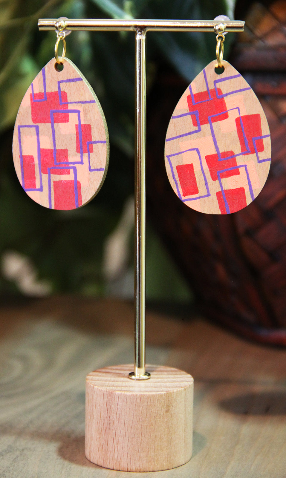 Red, Peach and Purple Wood Teardrop Earrings