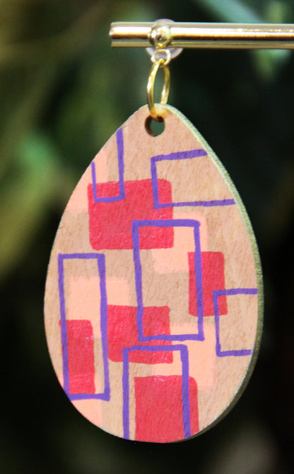 Red, Peach and Purple Wood Teardrop Earrings