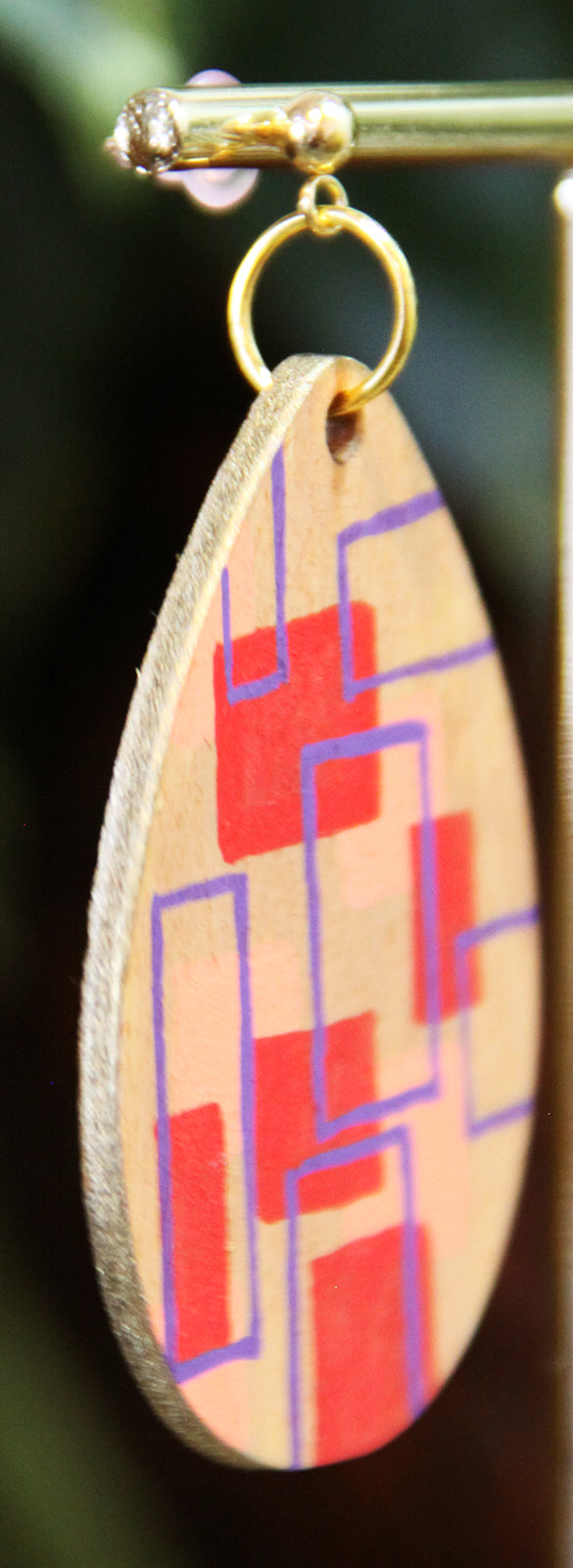 Red, Peach and Purple Wood Teardrop Earrings