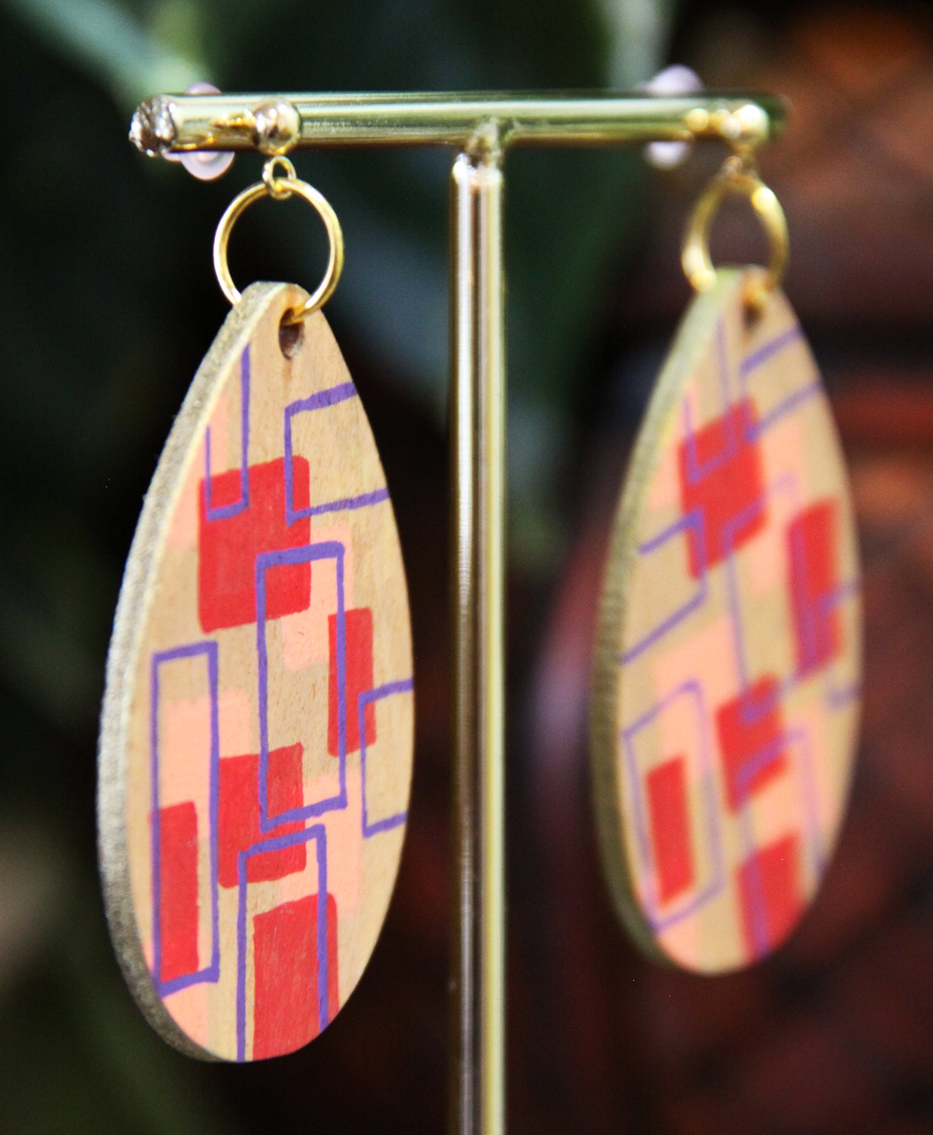Red, Peach and Purple Wood Teardrop Earrings