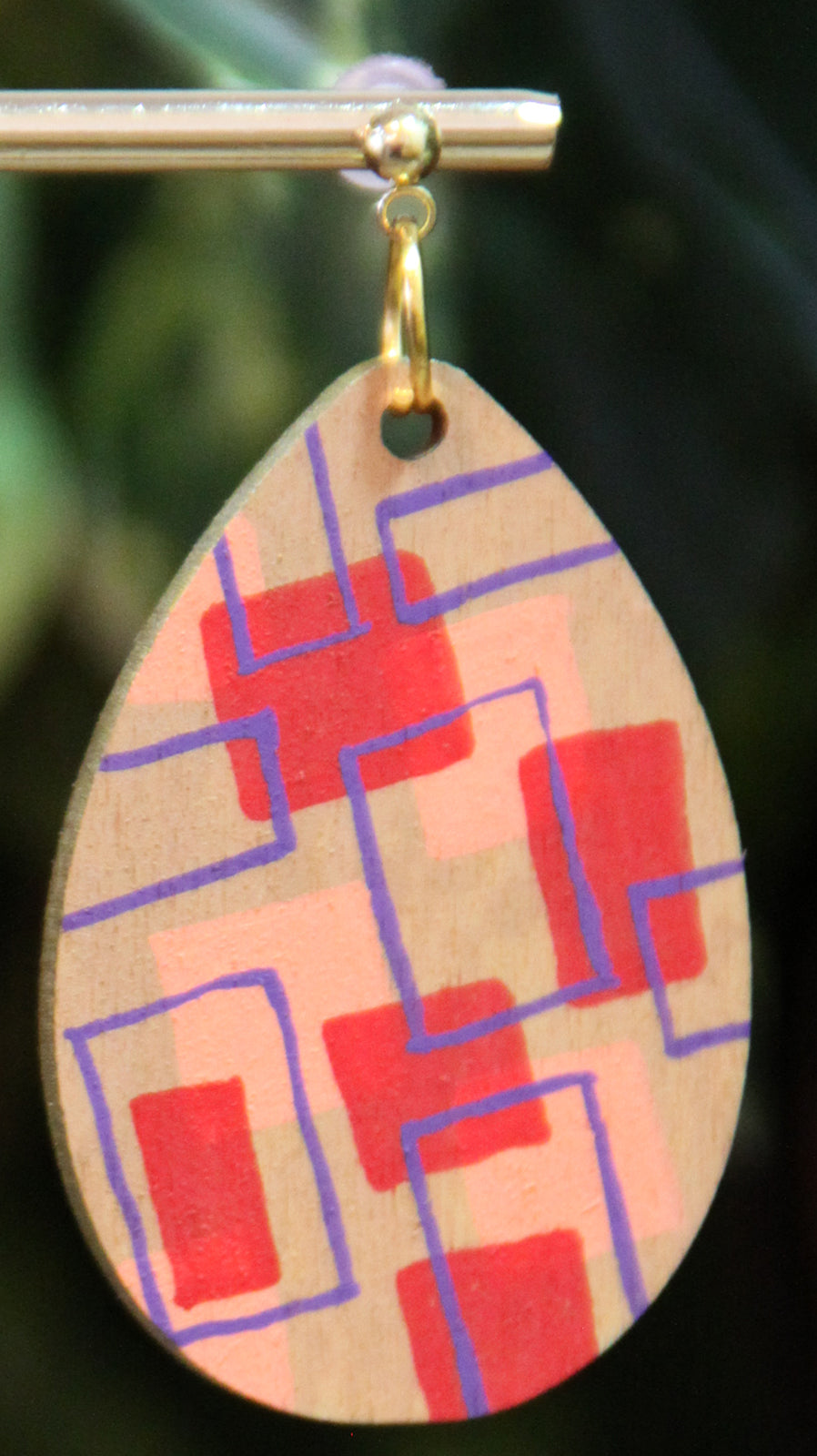 Red, Peach and Purple Wood Teardrop Earrings