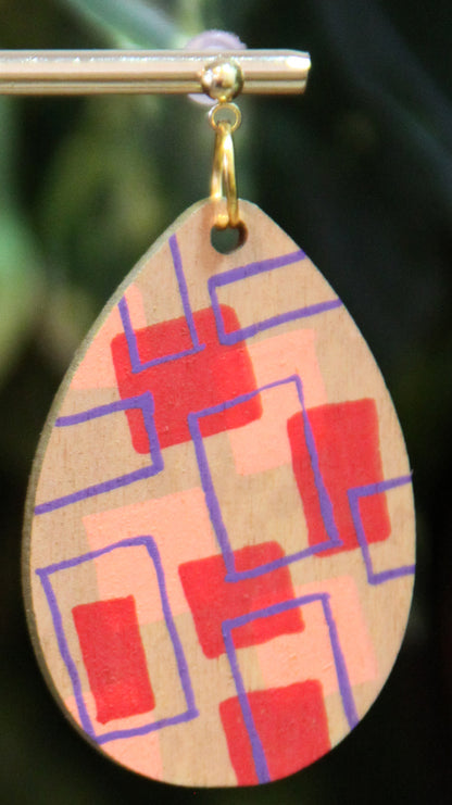 Red, Peach and Purple Wood Teardrop Earrings