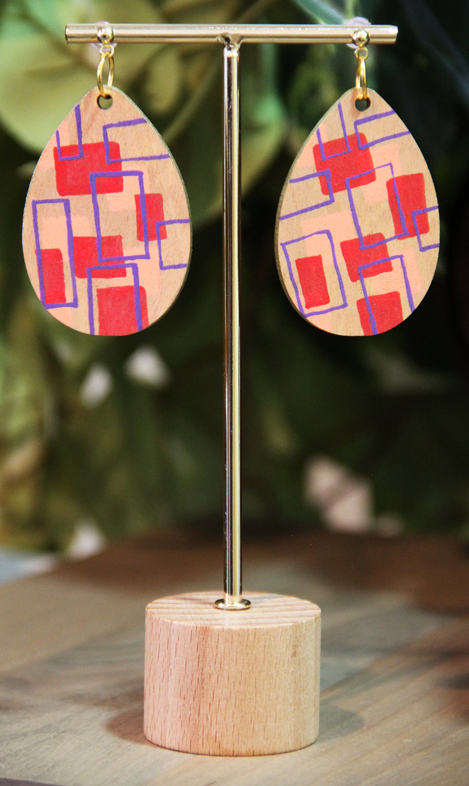 Red, Peach and Purple Wood Teardrop Earrings