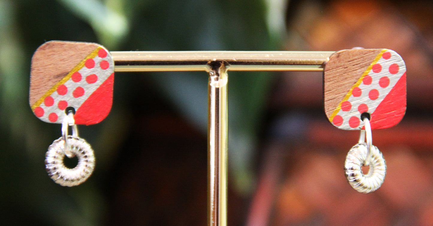 Red, Silver and Gold Diagonal Rectangular Earrings