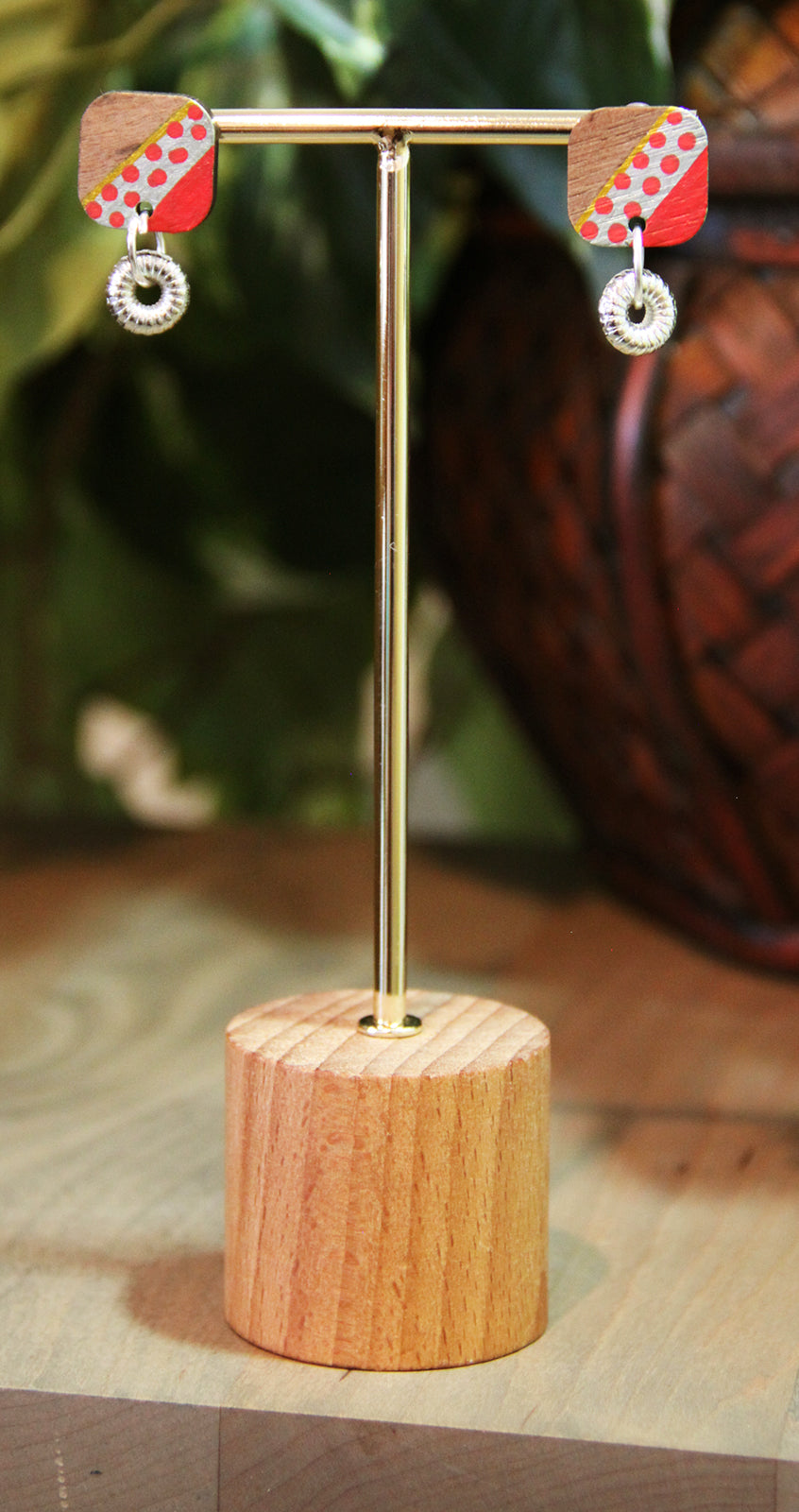 Red, Silver and Gold Diagonal Rectangular Earrings