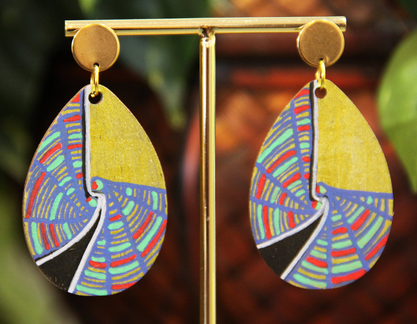 Geometric Blue, Red and Gold Wood Teardrop Earrings