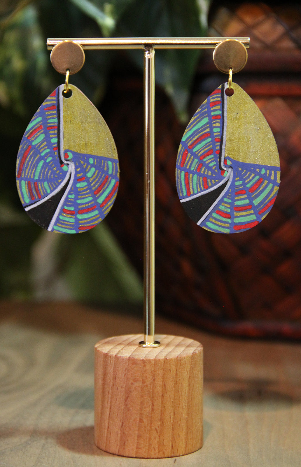 Geometric Blue, Red and Gold Wood Teardrop Earrings