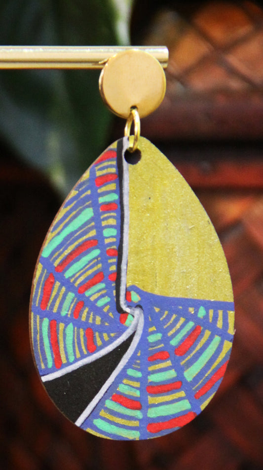 Geometric Blue, Red and Gold Wood Teardrop Earrings