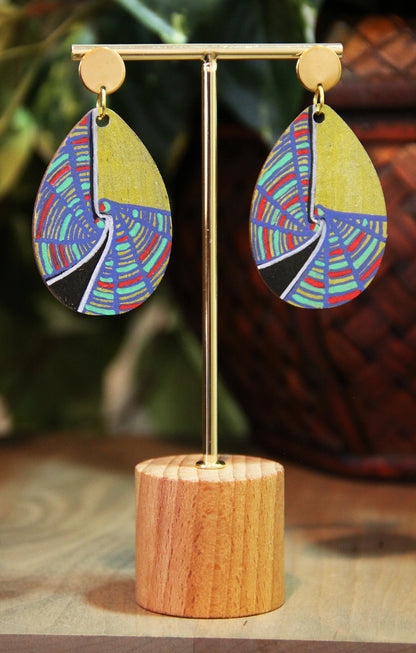 Geometric Blue, Red and Gold Wood Teardrop Earrings