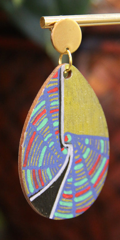 Geometric Blue, Red and Gold Wood Teardrop Earrings