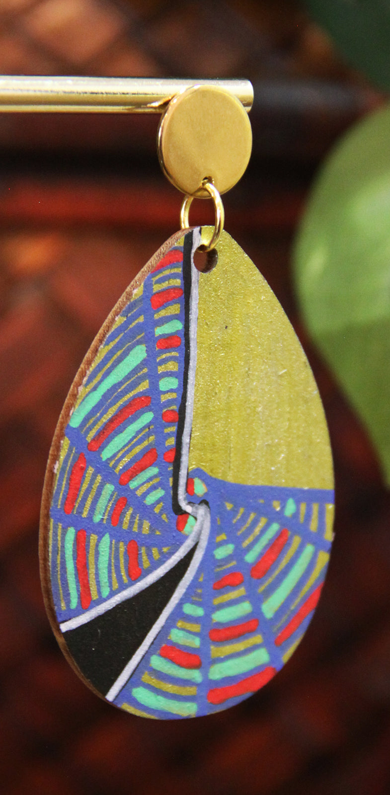 Geometric Blue, Red and Gold Wood Teardrop Earrings