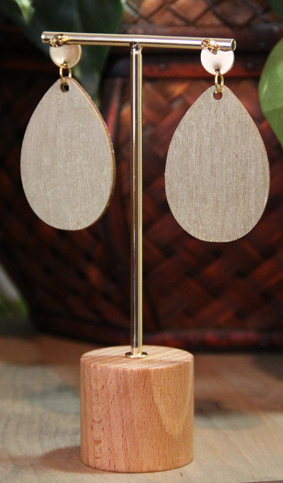 Geometric Blue, Red and Gold Wood Teardrop Earrings