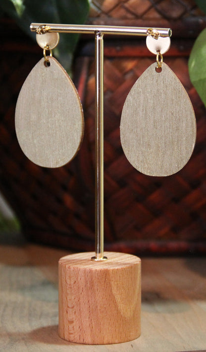 Geometric Blue, Red and Gold Wood Teardrop Earrings