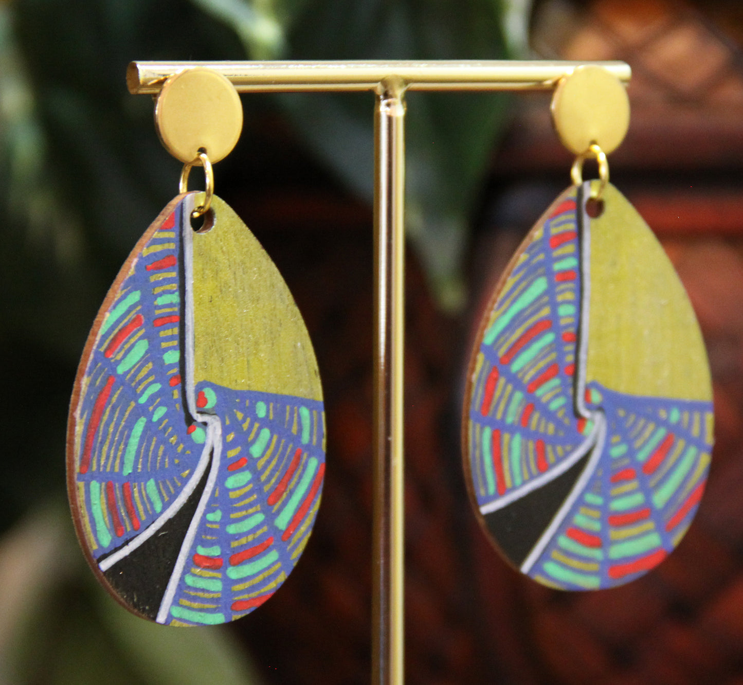 Geometric Blue, Red and Gold Wood Teardrop Earrings