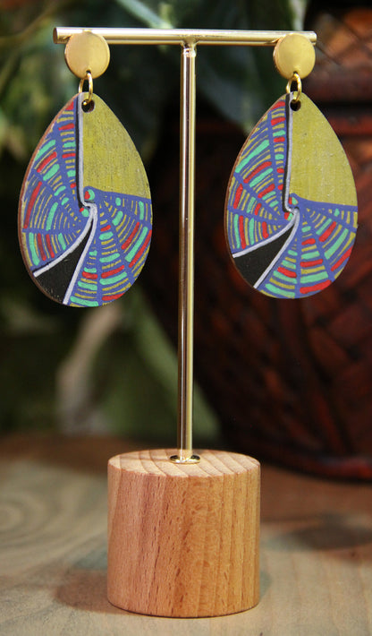Geometric Blue, Red and Gold Wood Teardrop Earrings