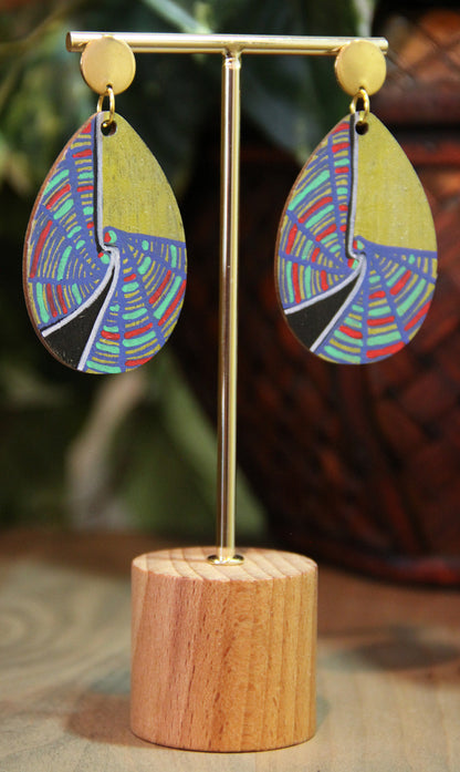 Geometric Blue, Red and Gold Wood Teardrop Earrings