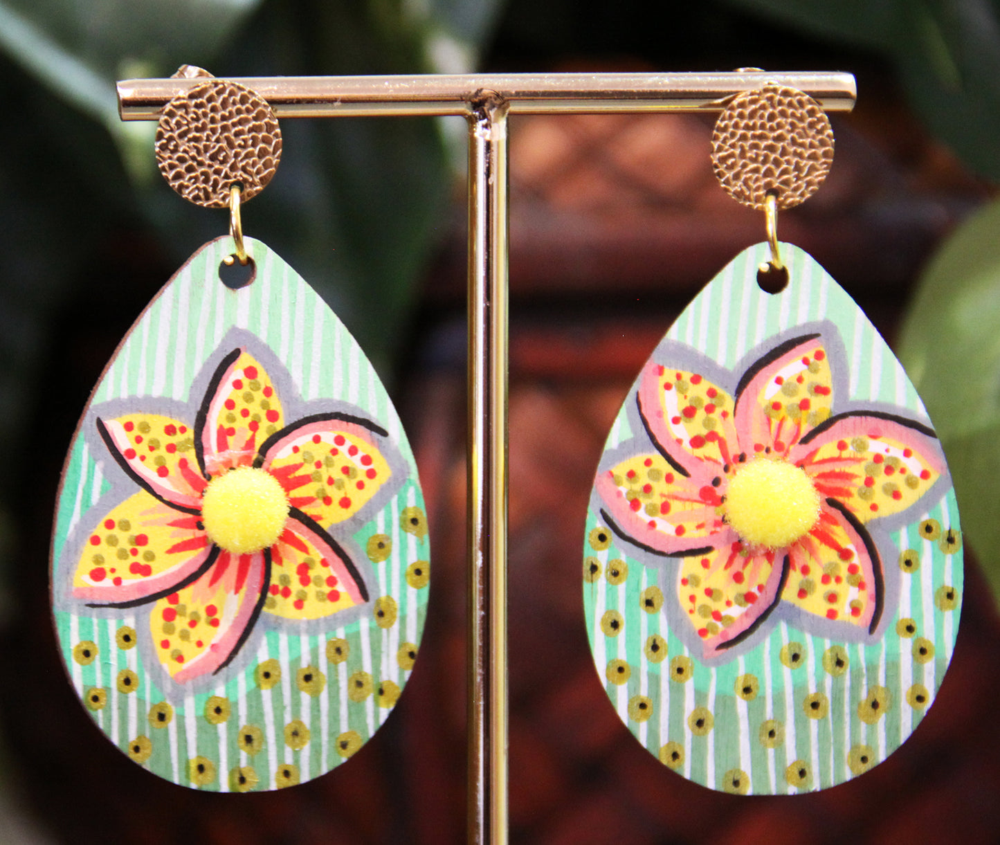 Green Floral Patterned with Pom-pom Teardrop Earrings